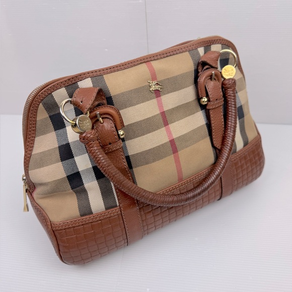 Authentic VTG Burberry 1990’s Handbag Satchel Canvas Leather ITPELROB7PRA Made - Picture 1 of 15
